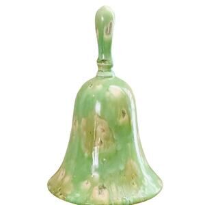Vintage Ceramic Bell Green Beige Glaze Handmade Rustic Decor
